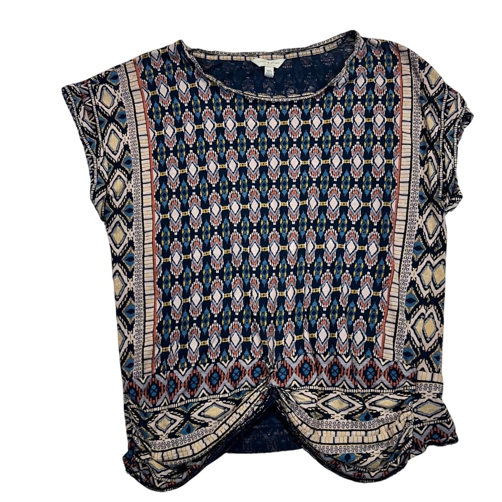 Lucky Brand Womens Geometric Diamond Twist Front Cap Sleeve Top Navy Orange M